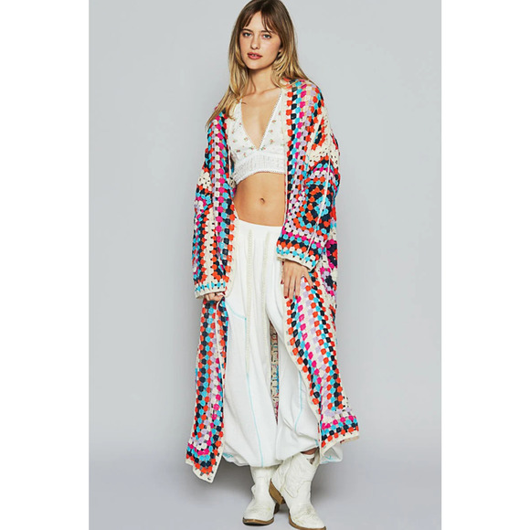 POL Sweaters - POL Boho Crochet Granny Square Long Kimono Cardigan Multicolor 0S